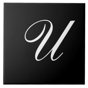 U Monogram Initial White on Black Ceramic Tile