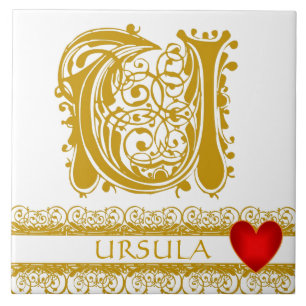 U Monogram Name Gold Lace Red Heart Template Tile