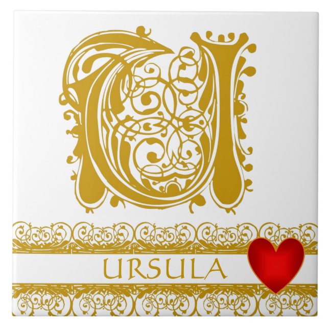U Monogram Name Gold Lace Red Heart Template Tile (Front)