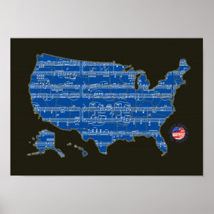 U.S.A. map of music-notes blue Poster