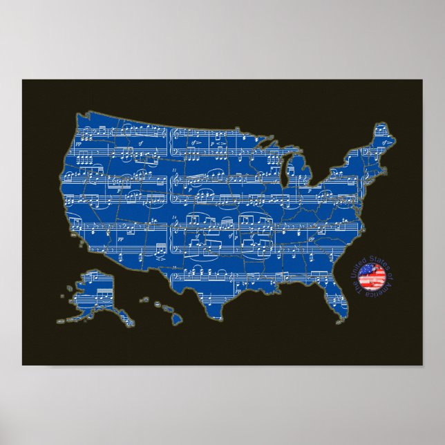 U.S.A. map of music-notes blue Poster (Front)