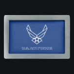 U.S. Air Force Logo - Blue Belt Buckle<br><div class="desc">This design showcases the official U.S. Air Force logo on a striking blue background. Symbolising pride,  dedication,  and service,  it’s a timeless and patriotic tribute to the United States Air Force and its rich tradition of excellence.</div>