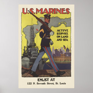 U.S. Marines Active Service Land Sea Air WWI Poster