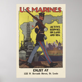 U.S. Marines Active Service Land Sea Air WWI Poster