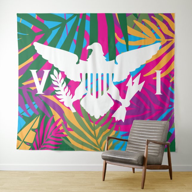 U.S. Virgin Islands Flag, Tropical Leaves Abstract Tapestry (In Situ (Horizontal))