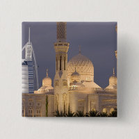 UAE, Dubai. Mosque in evening with Burj al Arab