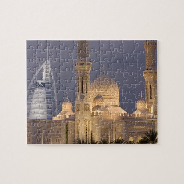 UAE, Dubai. Mosque in evening with Burj al Arab Jigsaw Puzzle (Horizontal)