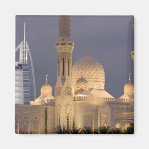 UAE, Dubai. Mosque in evening with Burj al Arab Magnet
