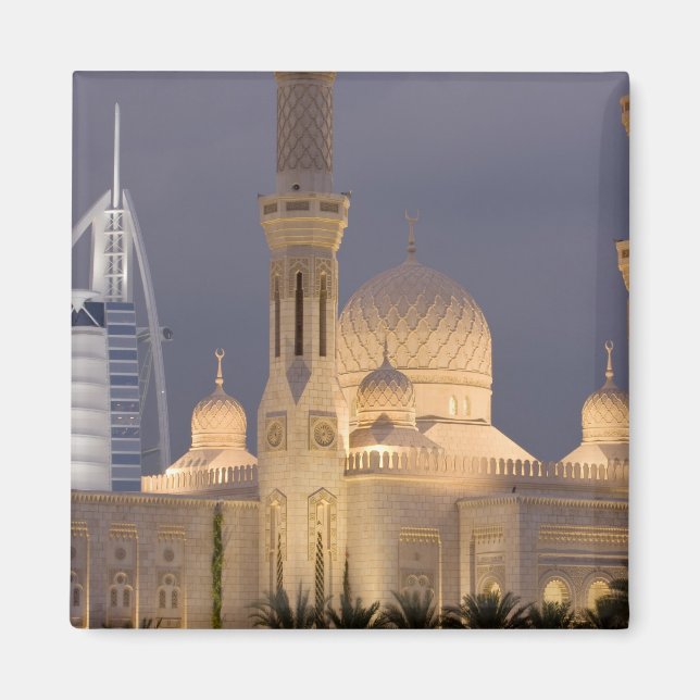 UAE, Dubai. Mosque in evening with Burj al Arab Magnet (Front)