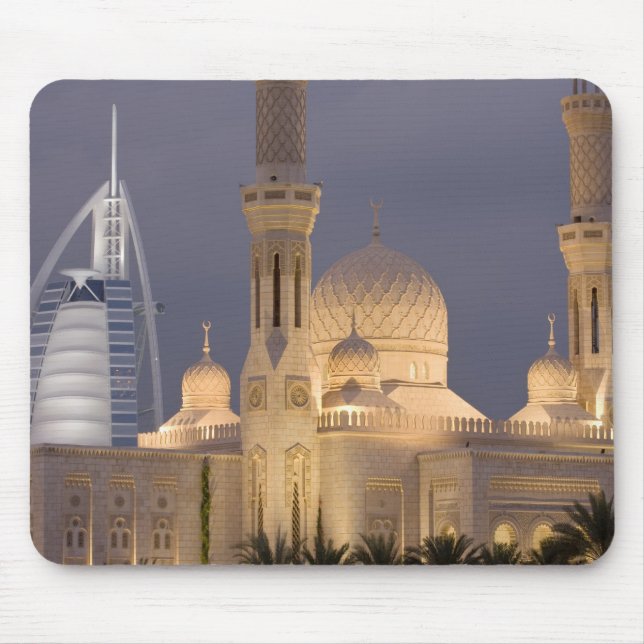 UAE, Dubai. Mosque in evening with Burj al Arab Mouse Pad (Front)