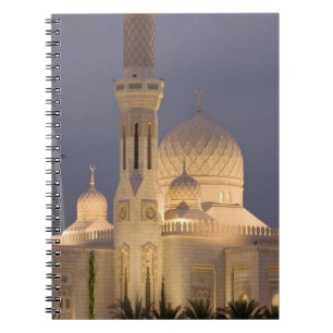 UAE, Dubai. Mosque in evening with Burj al Arab Notebook