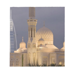 UAE, Dubai. Mosque in evening with Burj al Arab Notepad