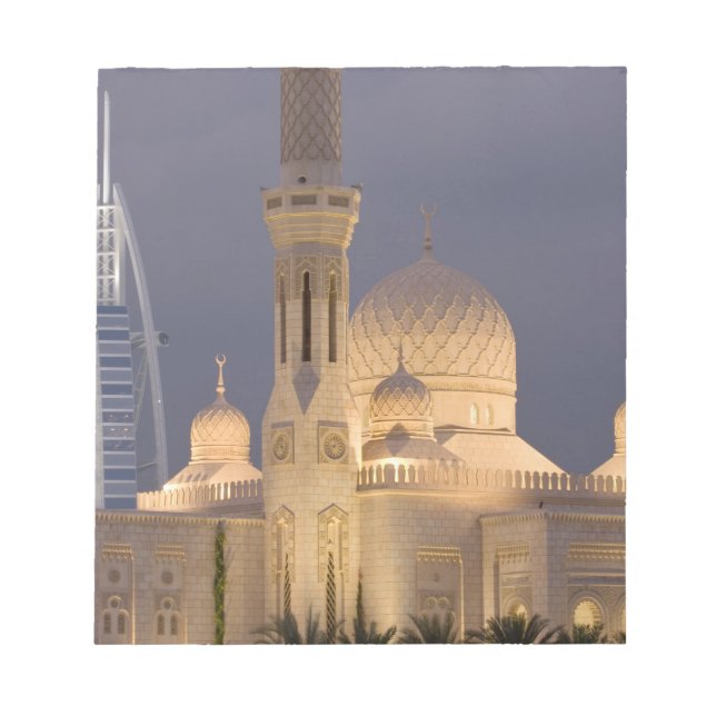 UAE, Dubai. Mosque in evening with Burj al Arab Notepad (Front)