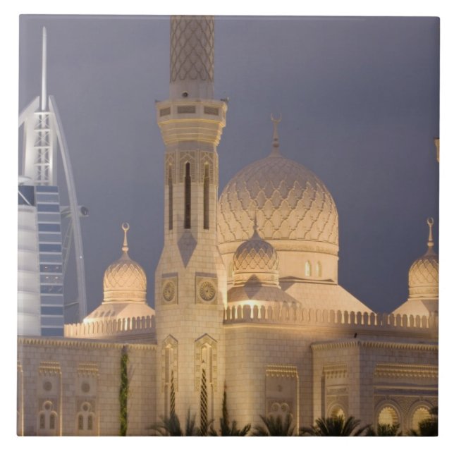 UAE, Dubai. Mosque in evening with Burj al Arab Tile (Front)