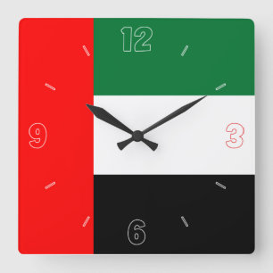 UAE Flag Red Black Green White Numbers Patriotic Square Wall Clock