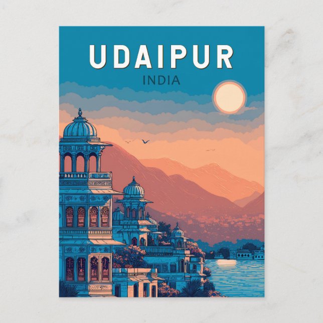 Udaipur India Illustration Travel Art Vintage Postcard (Front)