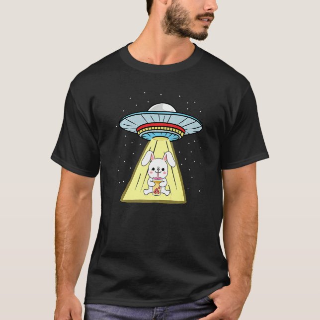 Ufo Abduction Bunny Drinking Bubble Tea T-Shirt (Front)
