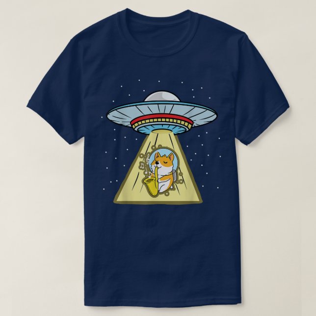 Ufo Abduction Corgi Astronaut Saxophone T-Shirt (Design Front)