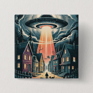 UFO Abduction Night Street Illustration 15 Cm Square Badge