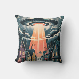 UFO Abduction Night Street Illustration Cushion