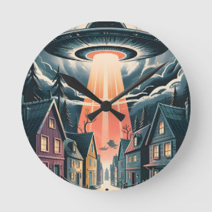 UFO Abduction Night Street Illustration Round Clock