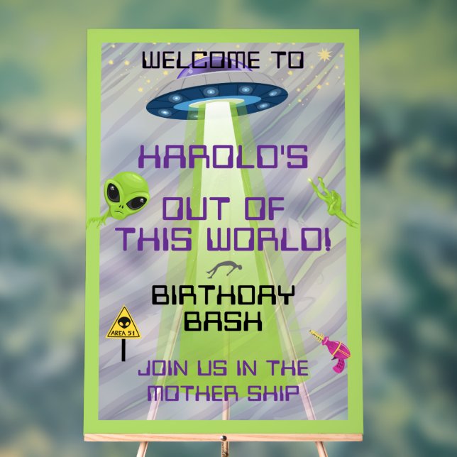 UFO Alien Any Age Birthday Welcome Acrylic Sign (Neutral)
