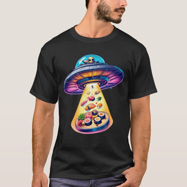 UFO Alien Eating Sushi Sashimi Lover Funny T-Shirt (Front)