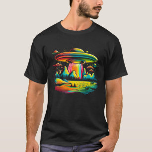 UFO Alien Retro Bright Mountain Lake Camping Visit T-Shirt