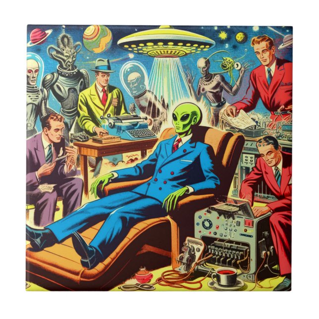 Ufo Alien Sci-fi Retro Comics Ceramic Tile (Front)