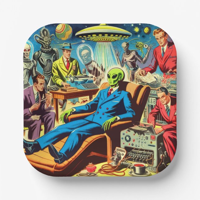 Ufo Alien Sci-fi Retro Comics Paper Plate (Front)