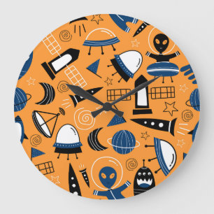 UFO alien, spaceships, kids pattern Large Clock