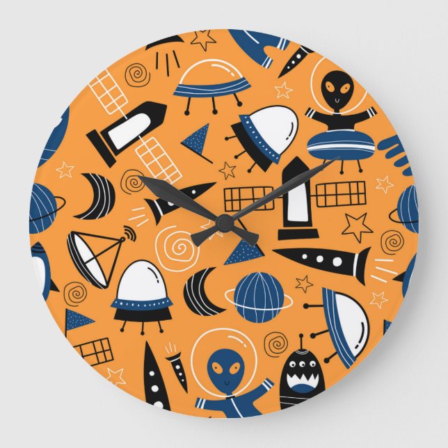 UFO alien, spaceships, kids pattern Large Clock (Front)