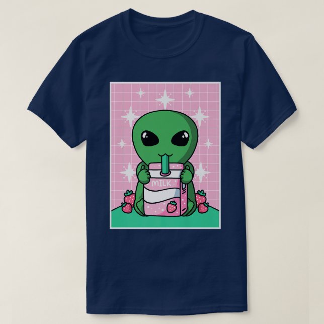 UFO Alien Strawberry Milk Shake Carton Japanese Ka T-Shirt (Design Front)