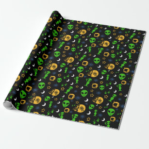 UFO Aliens, Stars and Space Ships Birthday Wrapping Paper