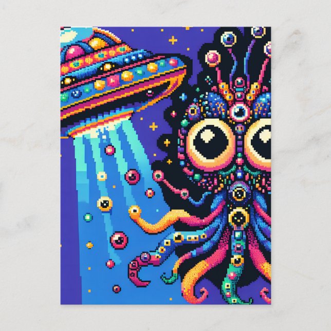 UFO and Alien Pixel Art Postcard (Front)