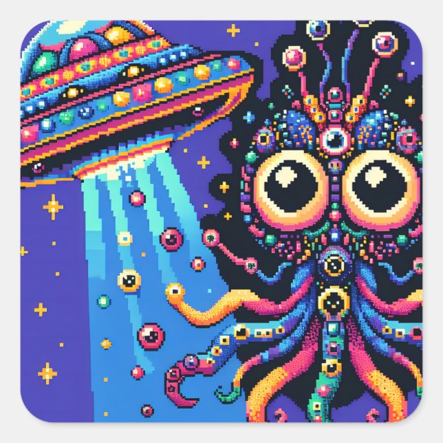 UFO and Alien Pixel Art Square Sticker (Front)