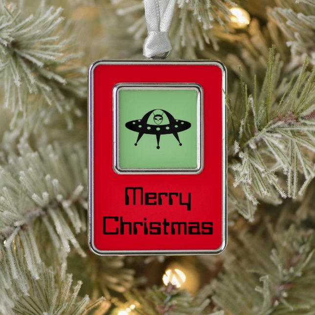 UFO and Space Alien Silver Plated Framed Ornament (Tree)
