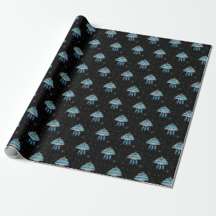 UFO and Twinkling Stars Birthday Wrapping Paper