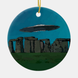 UFO At Stone Henge Ceramic Tree Decoration