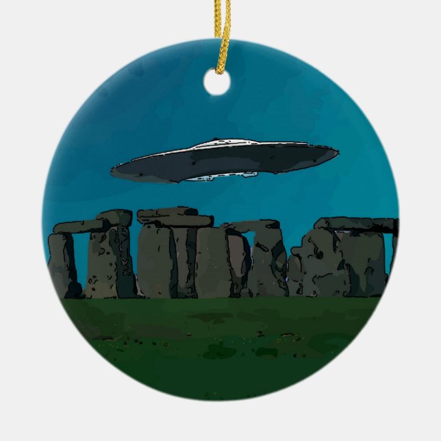 UFO At Stone Henge Ceramic Tree Decoration (Front)