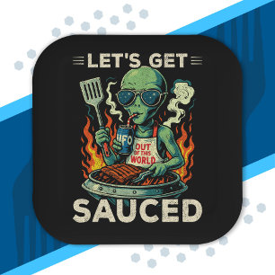 UFO BBQ Grill Cookout Let's Get Sauced Funny Alien Paper Plate