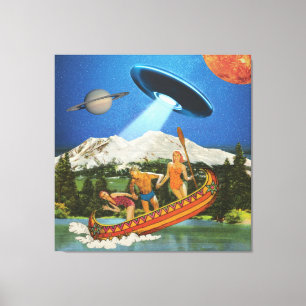UFO Canoe Trip Mountains Surreal Collage Canvas Print