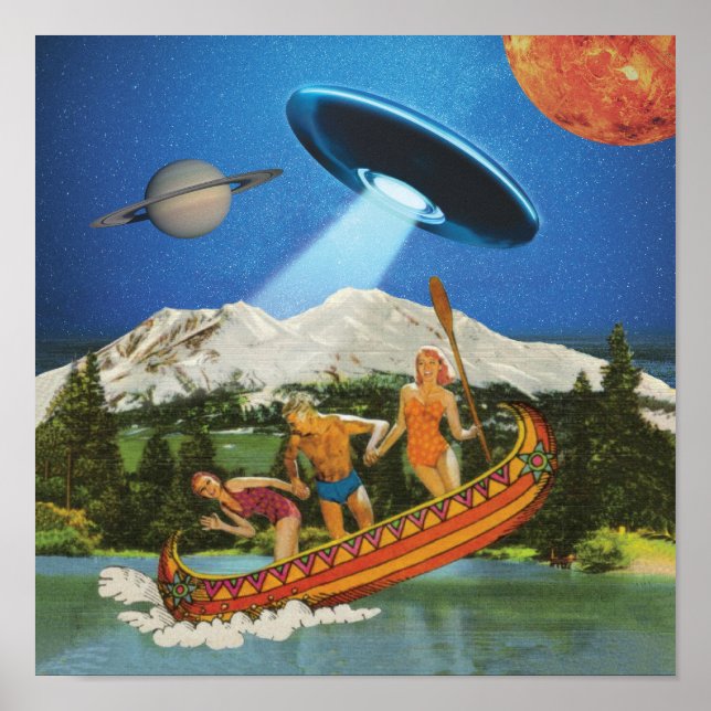 UFO Canoe Trip Mountains Surreal Collage Poster (Front)