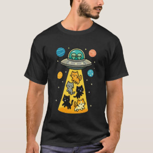 UFO Cats Abduction in Space with Aliens Planets T-Shirt