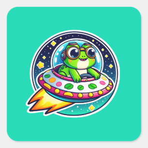 Ufo Cute Frog Square Sticker