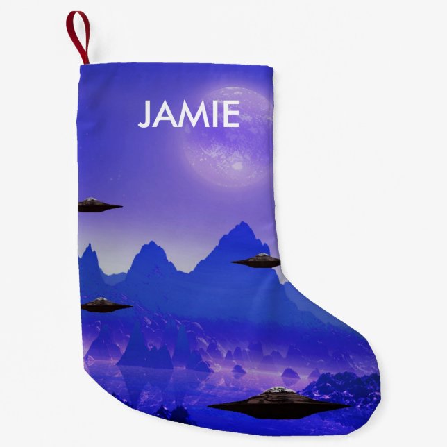 UFO flying object in space Small Christmas Stocking (Front)