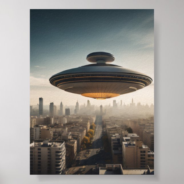 UFO flying saucer over the city Poster (Front)