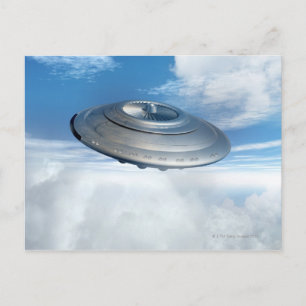 UFO flying through cloudy skies. Postcard