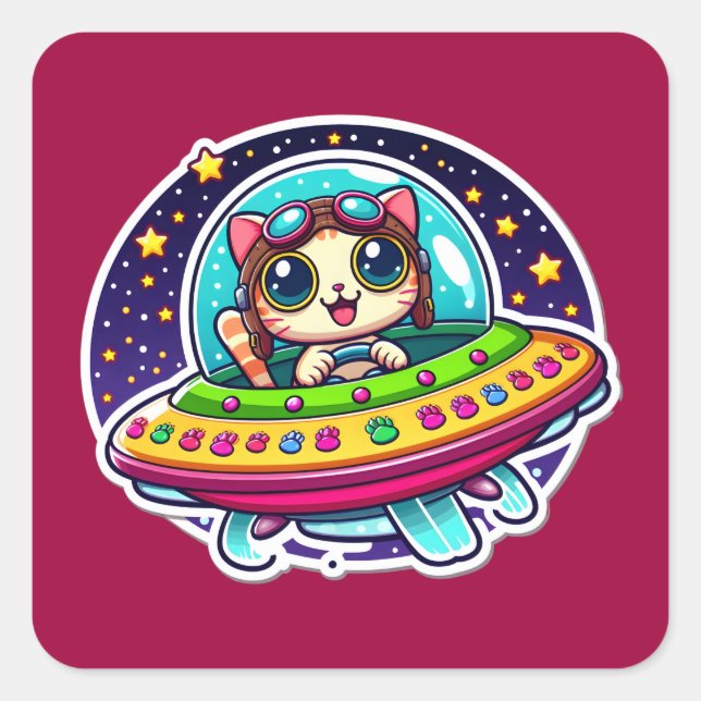 UFO Happy Cat Square Sticker (Front)