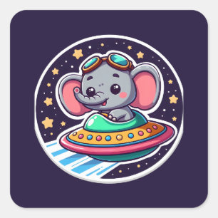 UFO Happy Elephant Square Sticker